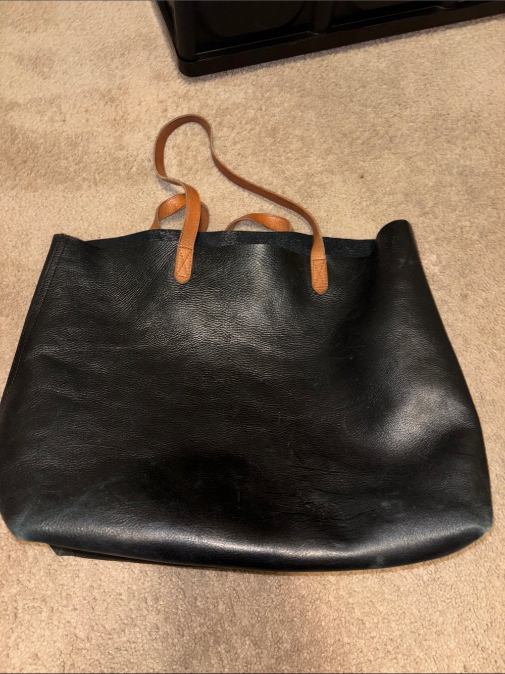 Madewell Black Leather Transport Tote with Tan Shoulder Straps